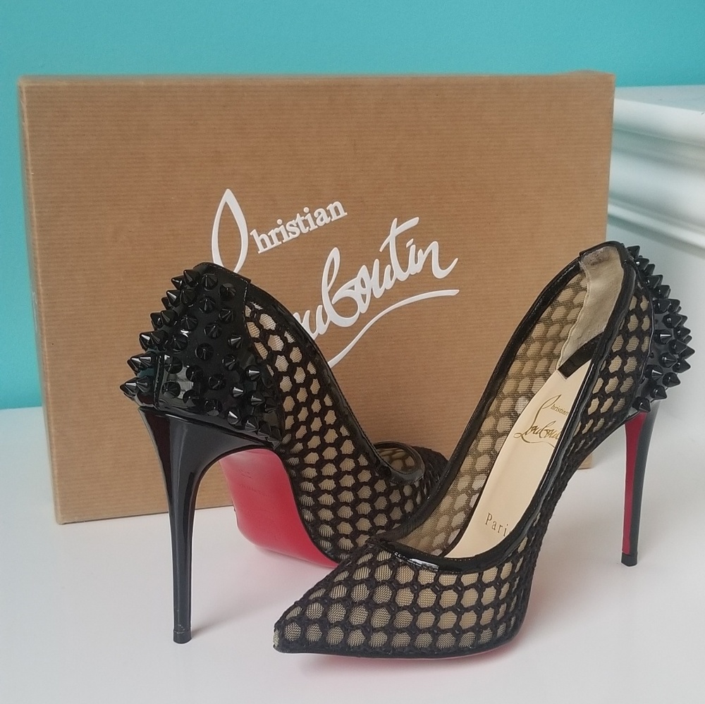 Christian Louboutin Black Mesh Spike Back Red Sole Pumps
